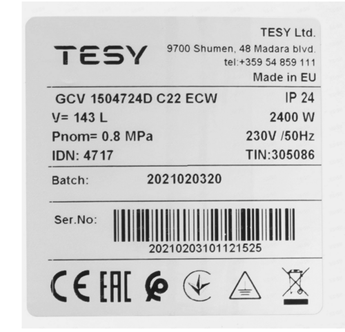 Электрический водонагреватель Tesy GCV 1504724D C22 ECW